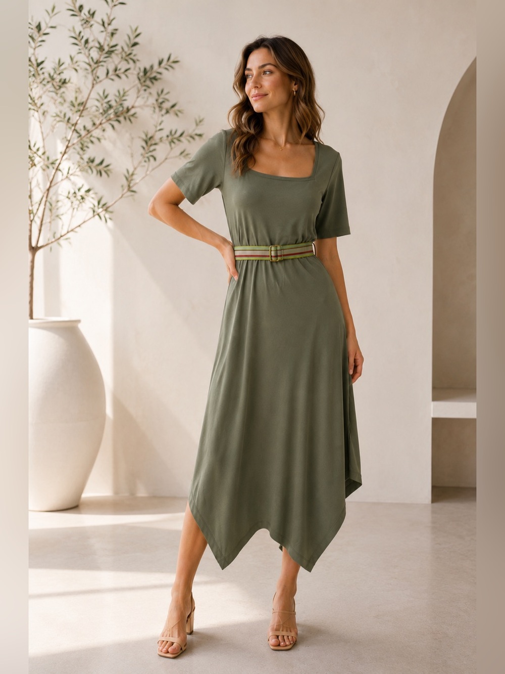 Club Monaco Square Neck Asymmetric Midi Dress In Grey Green NWT Medium